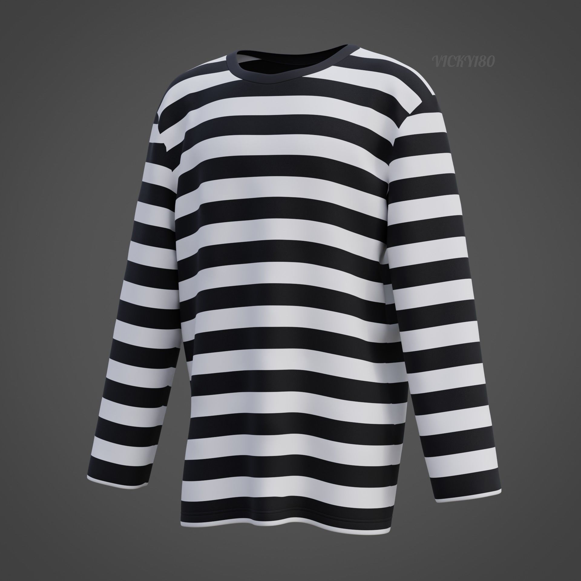 Male Oversized Harajuku Tee Shirt - Long-sleeved Stripes T-Shirt Low-poly 3D model_31