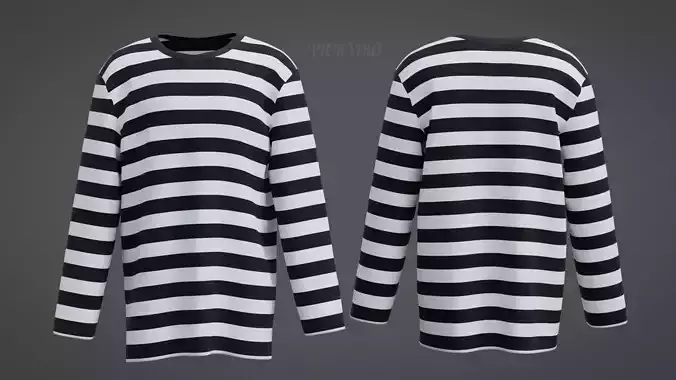 Male Oversized Harajuku Tee Shirt - Long-sleeved Stripes T-Shirt Low-poly 3D model