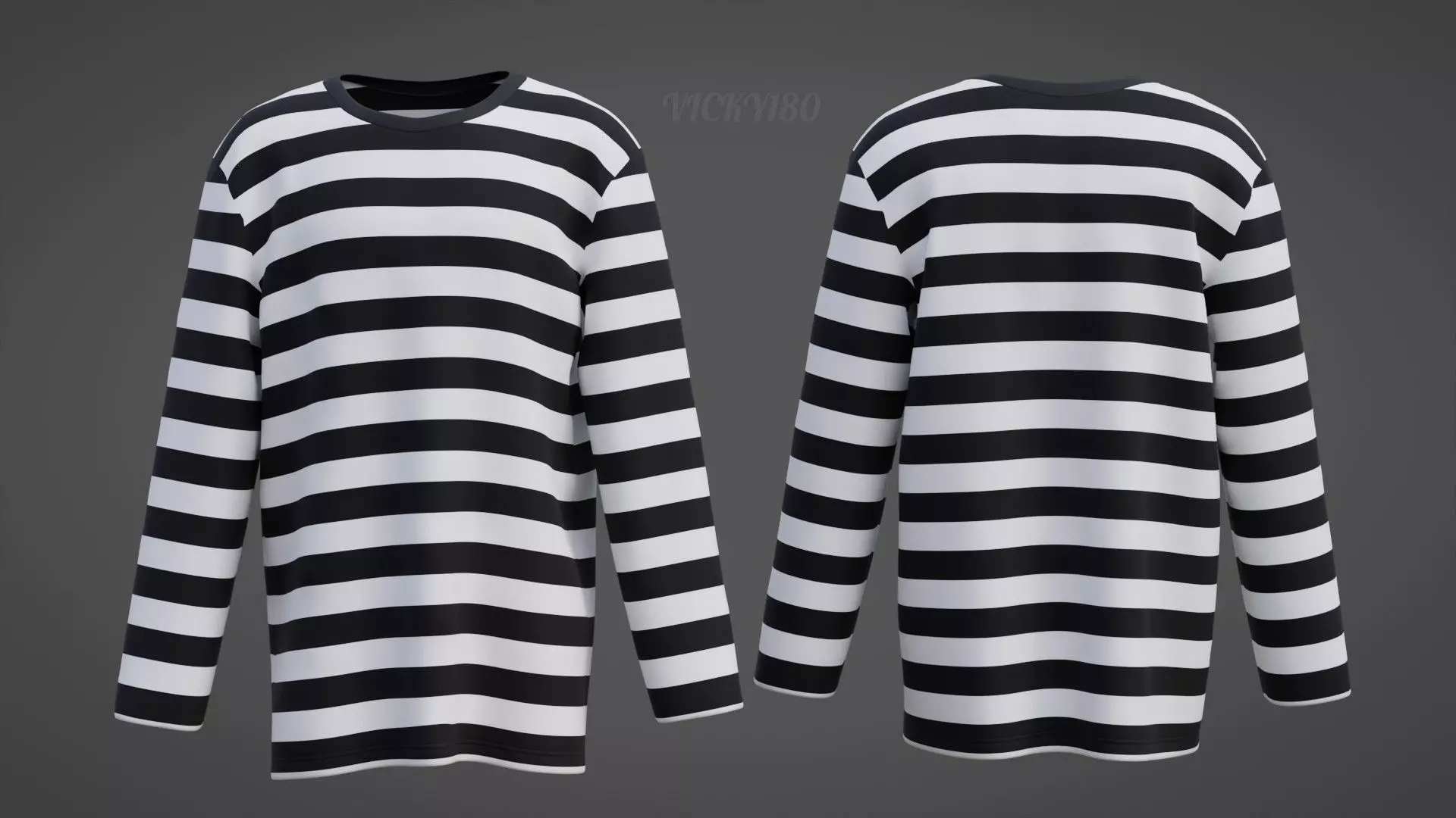 Male Oversized Harajuku Tee Shirt - Long-sleeved Stripes T-Shirt Low-poly 3D model_0