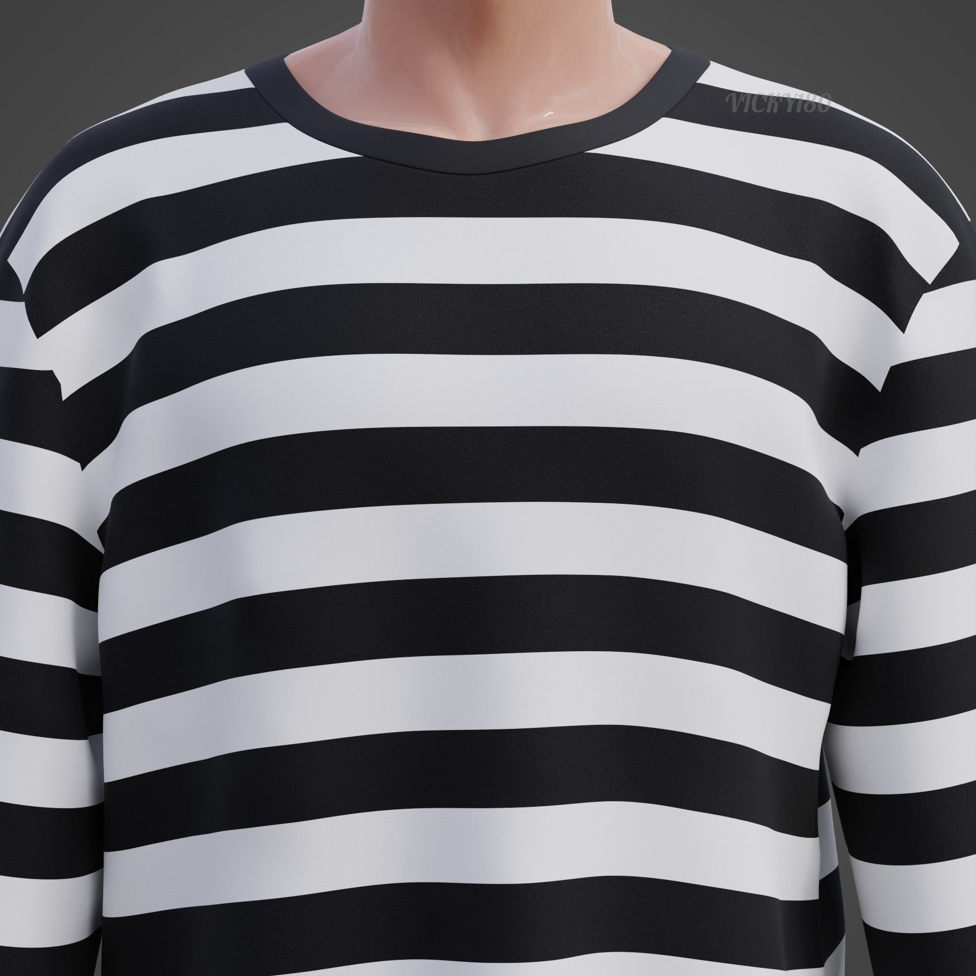 Male Oversized Harajuku Tee Shirt - Long-sleeved Stripes T-Shirt Low-poly 3D model_10