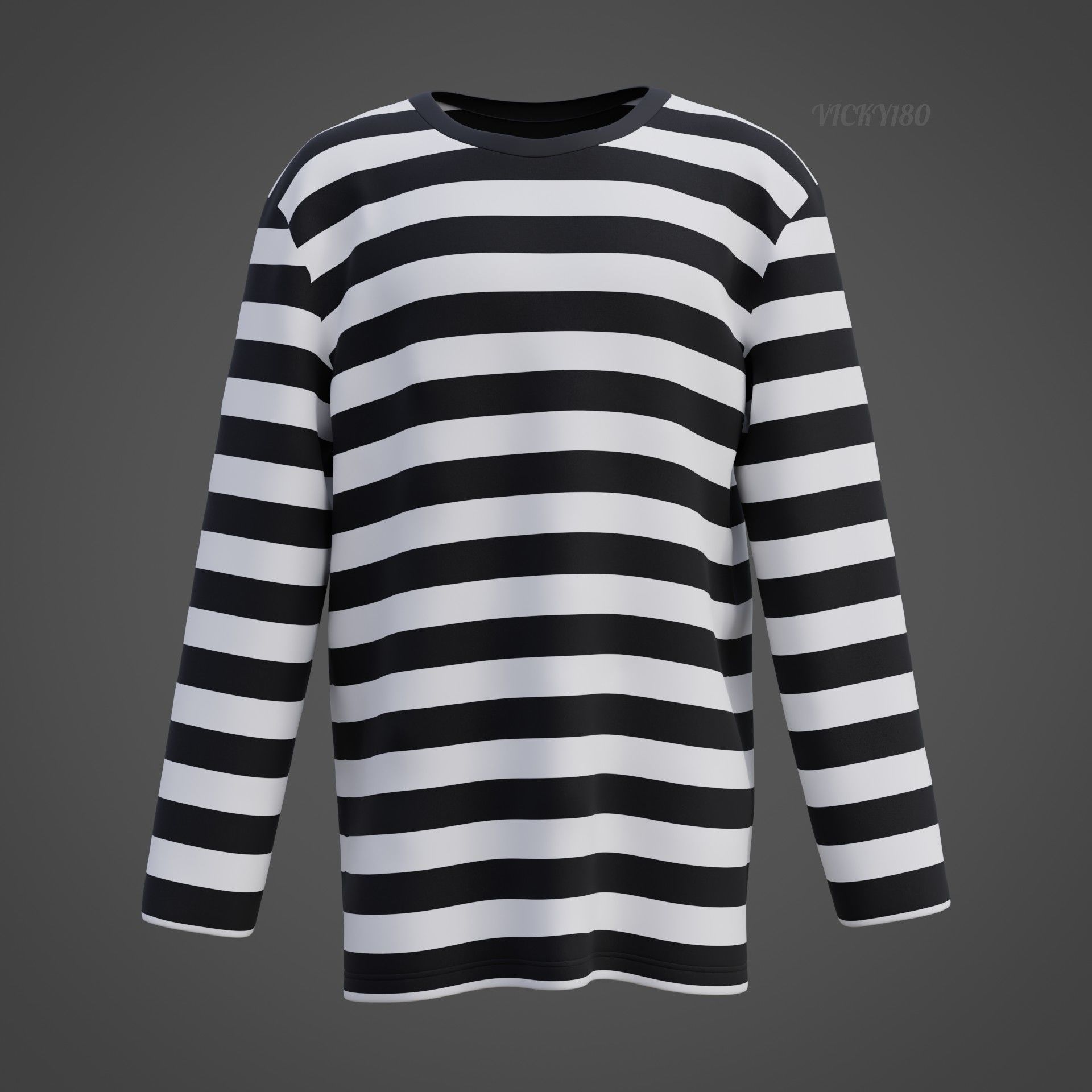 Male Oversized Harajuku Tee Shirt - Long-sleeved Stripes T-Shirt Low-poly 3D model_22