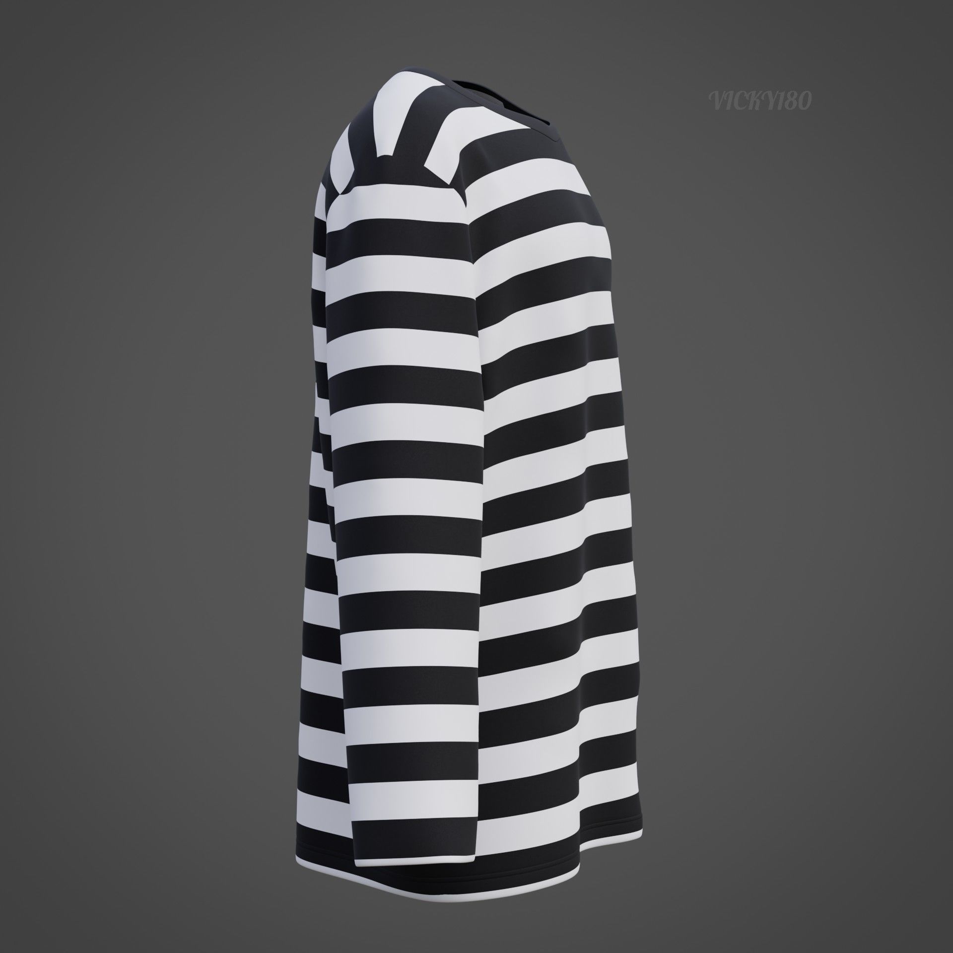 Male Oversized Harajuku Tee Shirt - Long-sleeved Stripes T-Shirt Low-poly 3D model_24