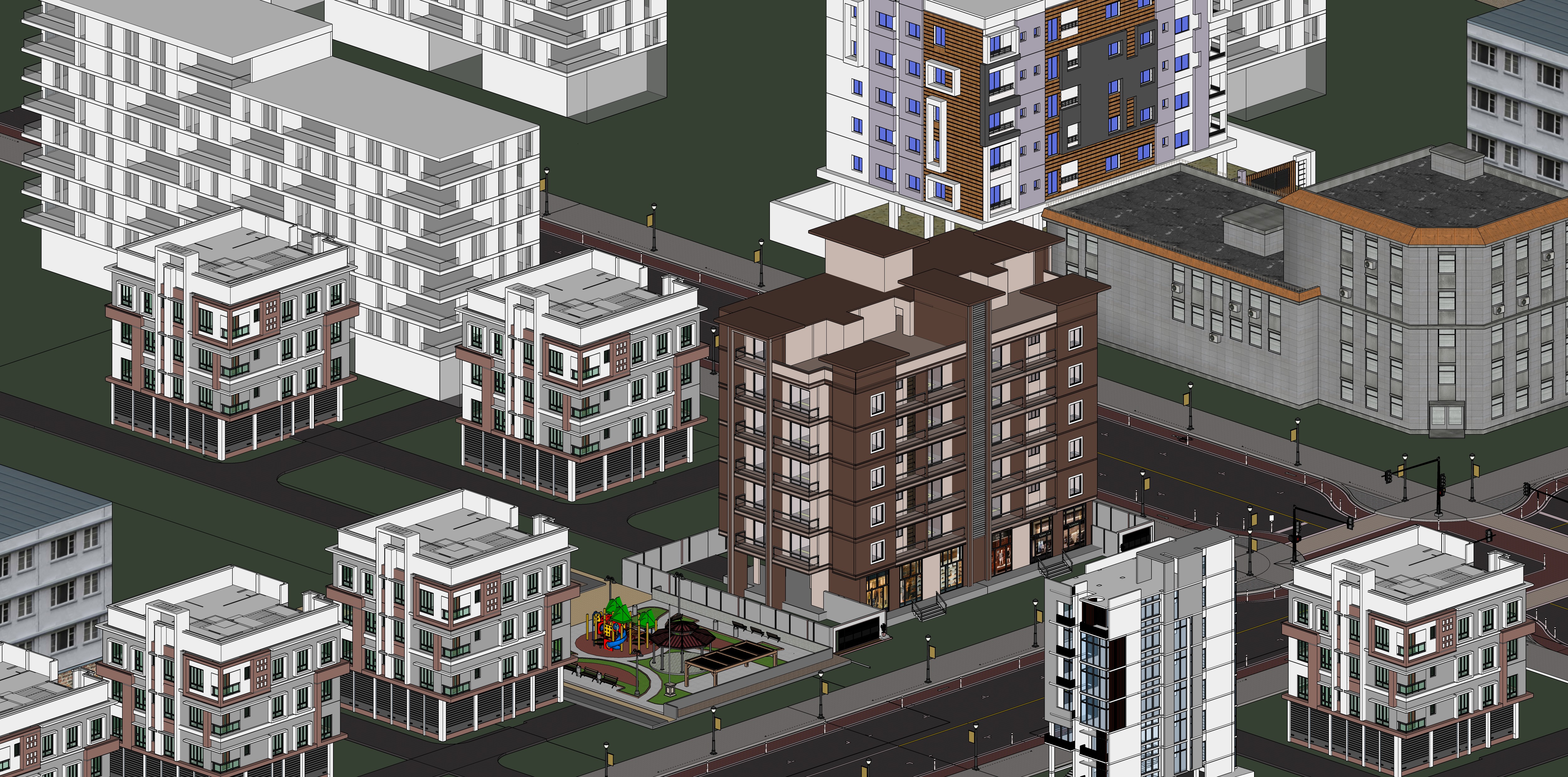 Modern Apartment Buildings with city model  Low-poly 3D model_28