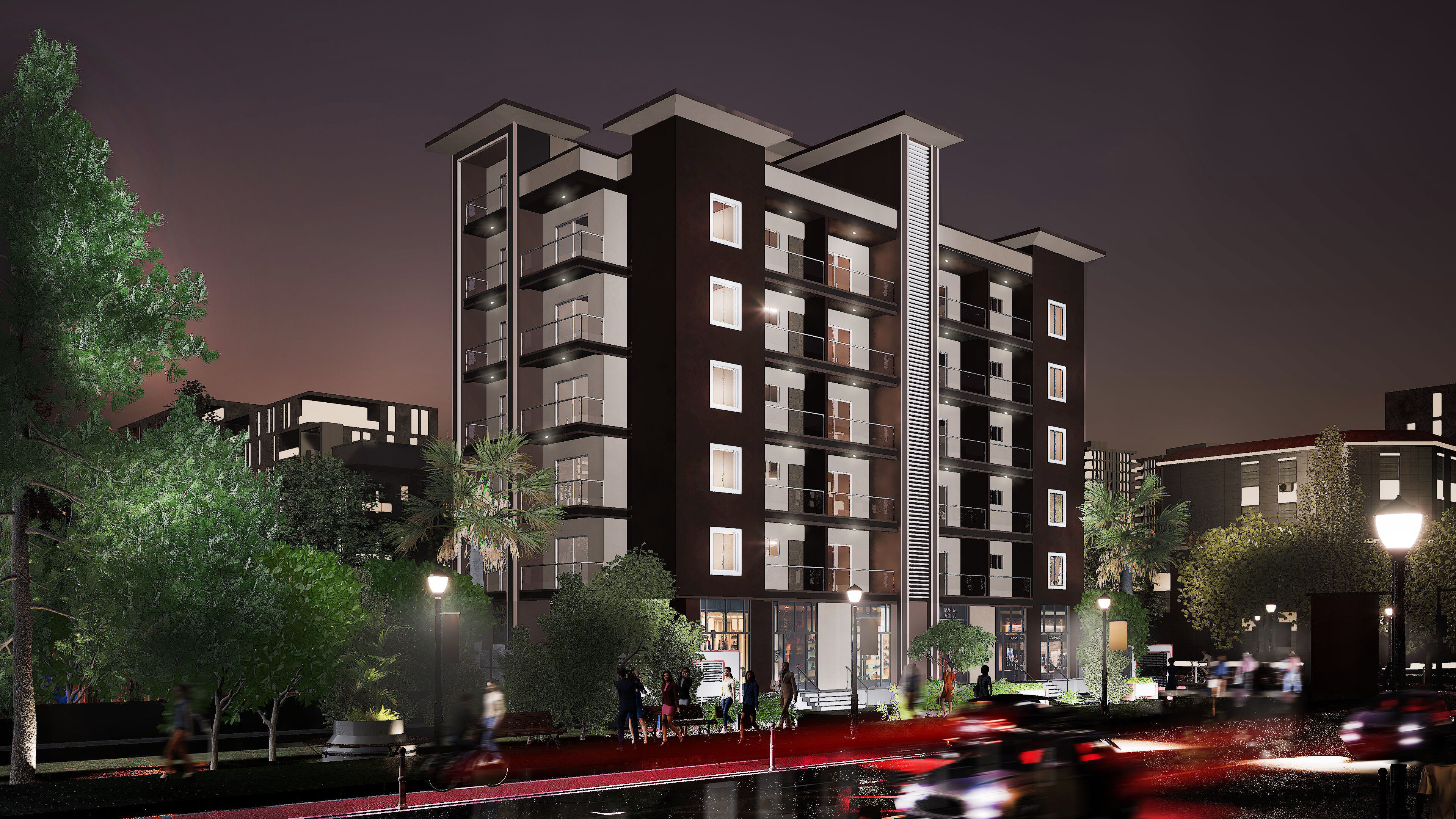 Modern Apartment Buildings with city model  Low-poly 3D model_1