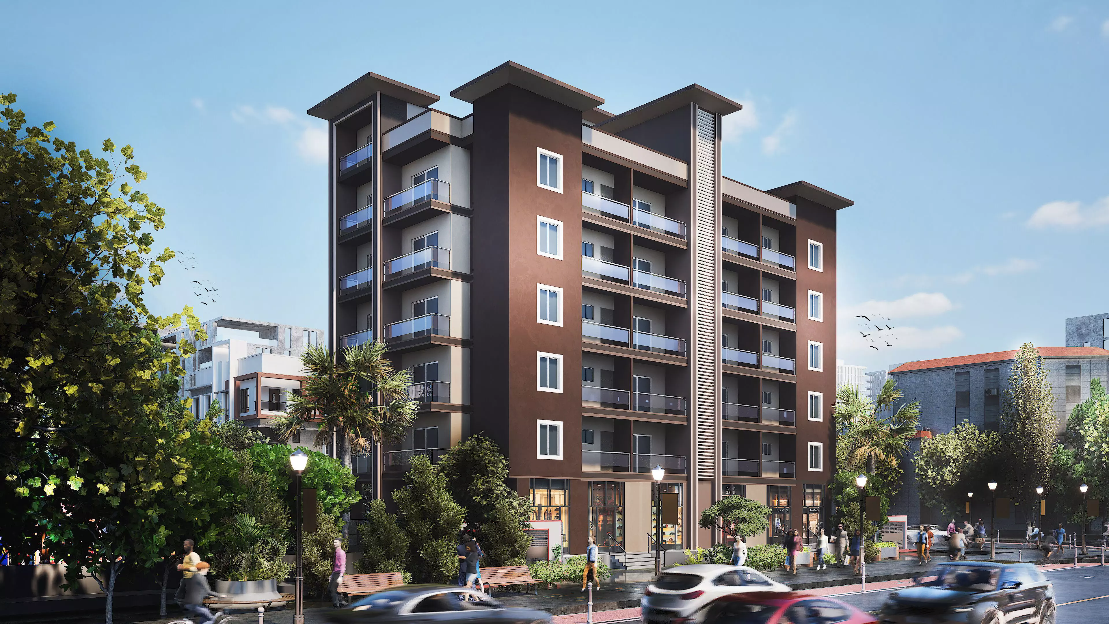 Modern Apartment Buildings with city model  Low-poly 3D model_0