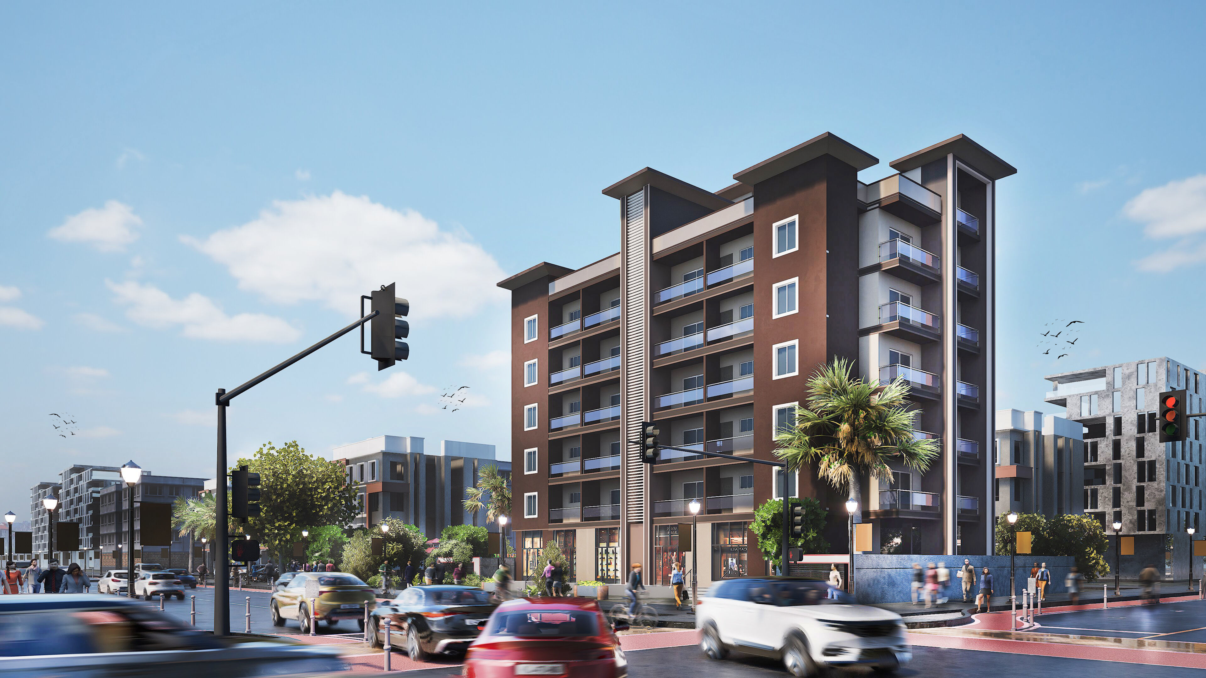 Modern Apartment Buildings with city model  Low-poly 3D model_2