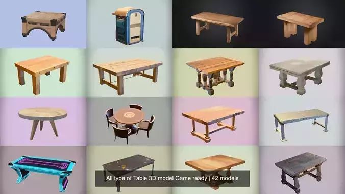 All type of Table 3D model Game ready 3D Model Collection