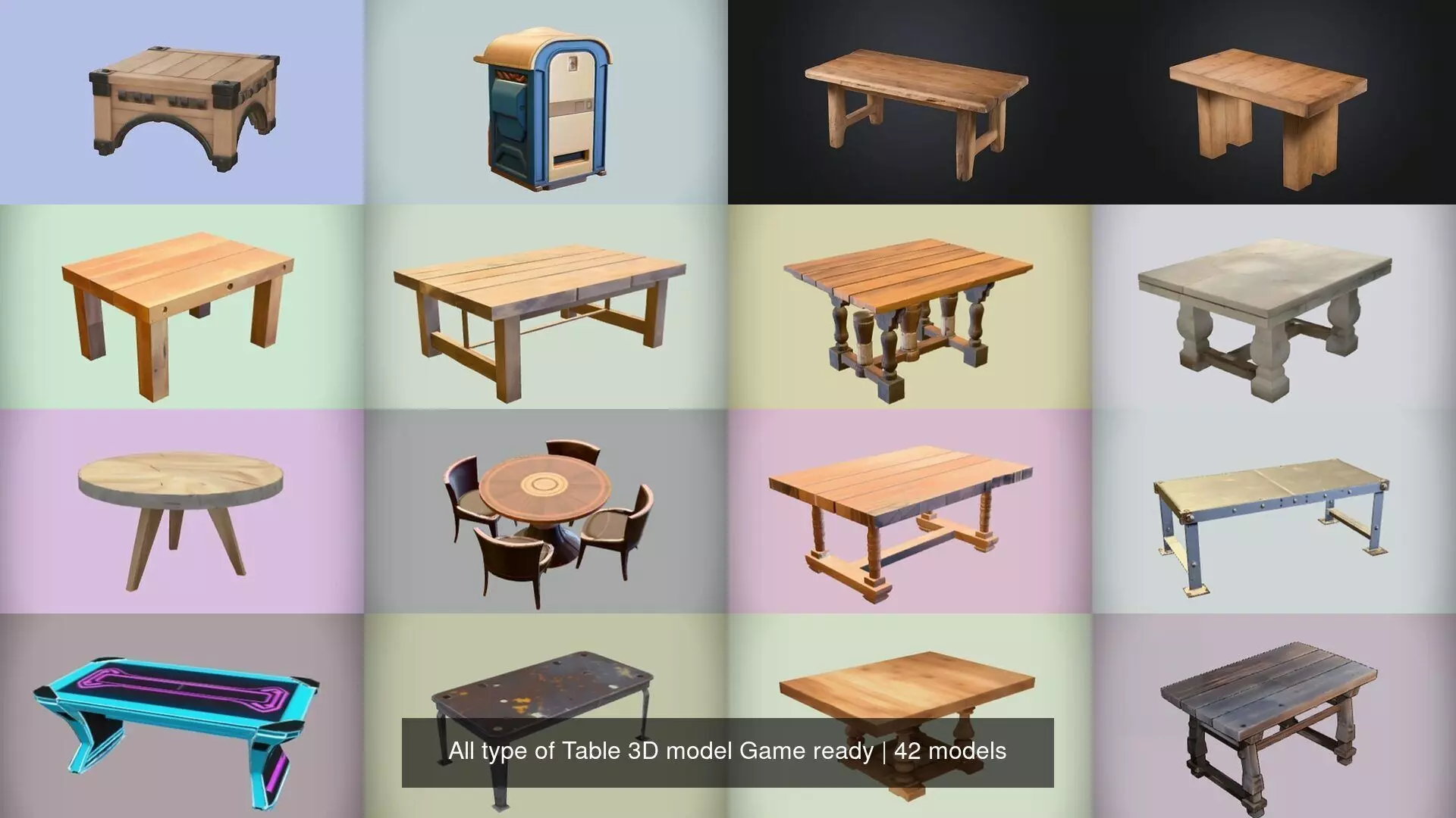 All type of Table 3D model Game ready 3D Model Collection_1