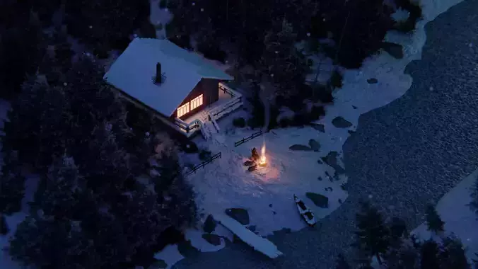 Winter Cabin in the Snow - 3D Scene for Rendering and Animation