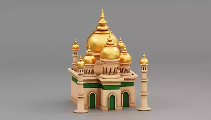 3D Rendered Model of an Ornate Mosque with Golden Domes