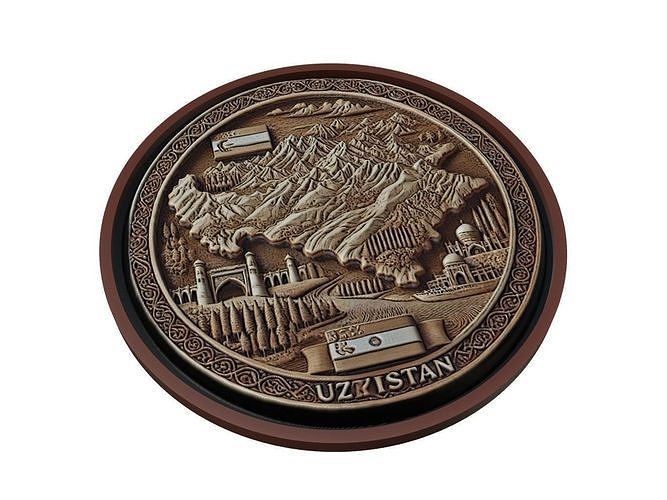 Uzbekistan Map Medallion Relief 3D print model