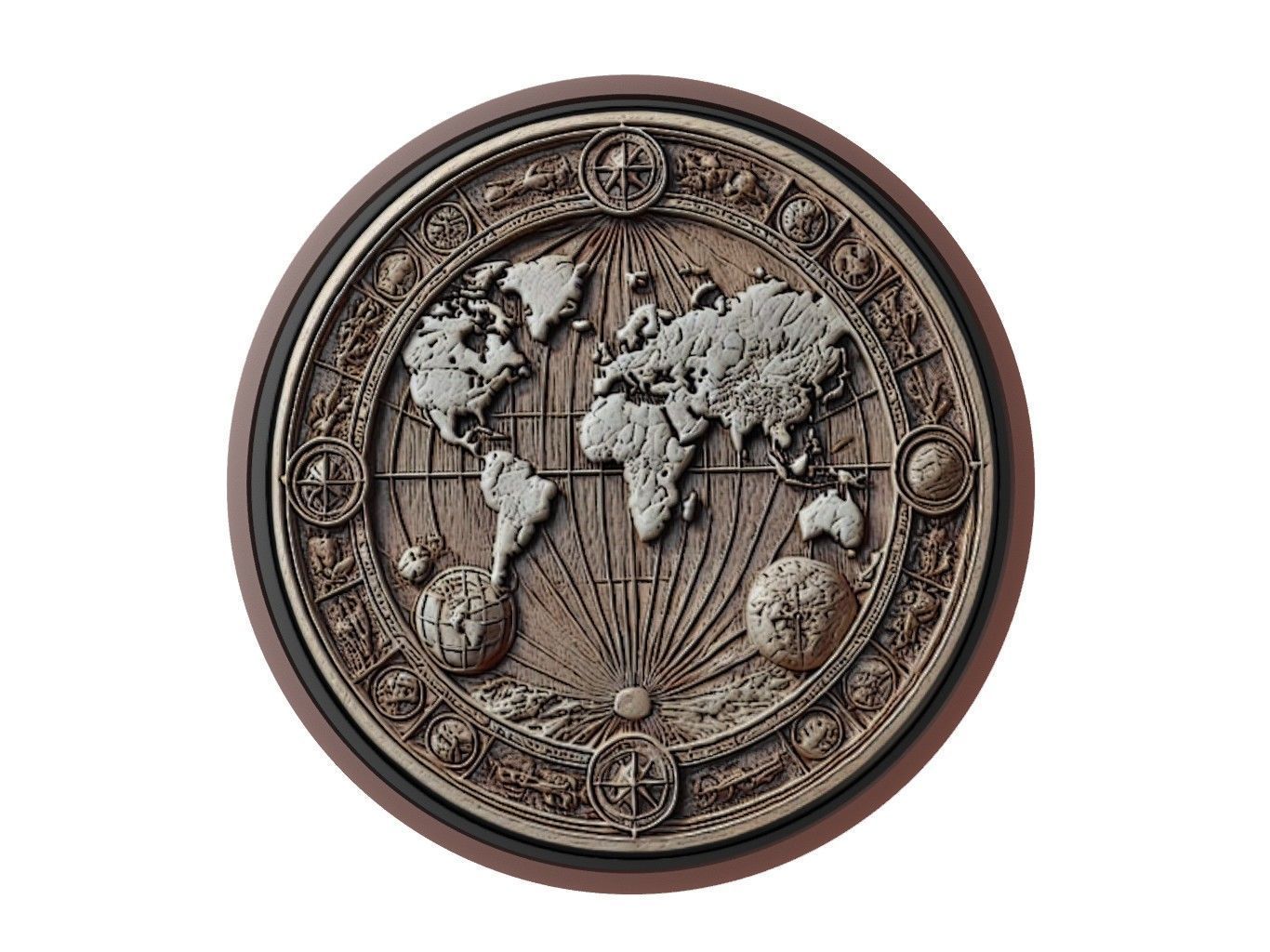 World Map Medallion Relief 3D print model_1