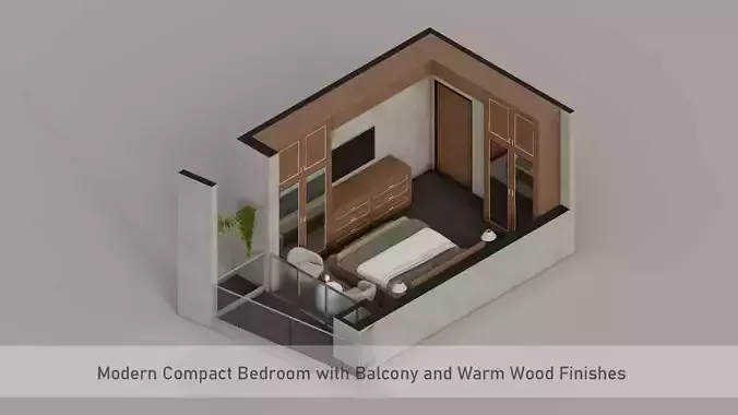 Modern Compact Bedroom with Balcony and Warm Wood Finishes 3D model