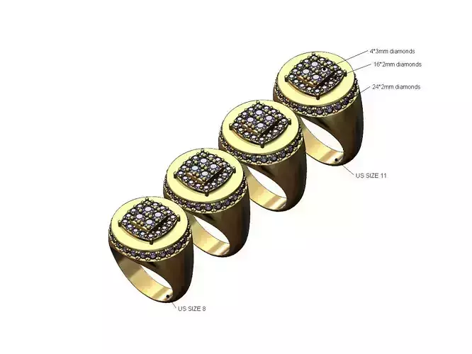 Square cluster top diamond side halo round signet US sizes 8to11