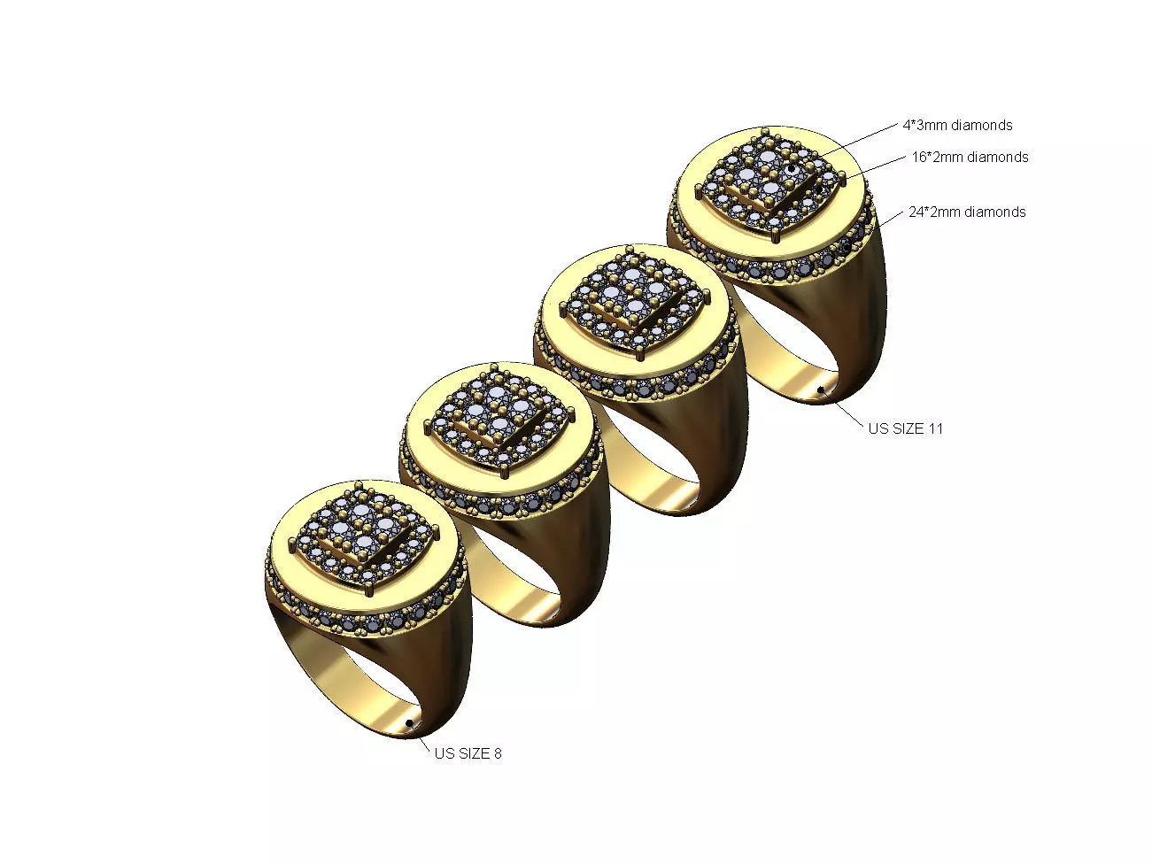 Square cluster top diamond side halo round signet US sizes 8to11 3D print model_0
