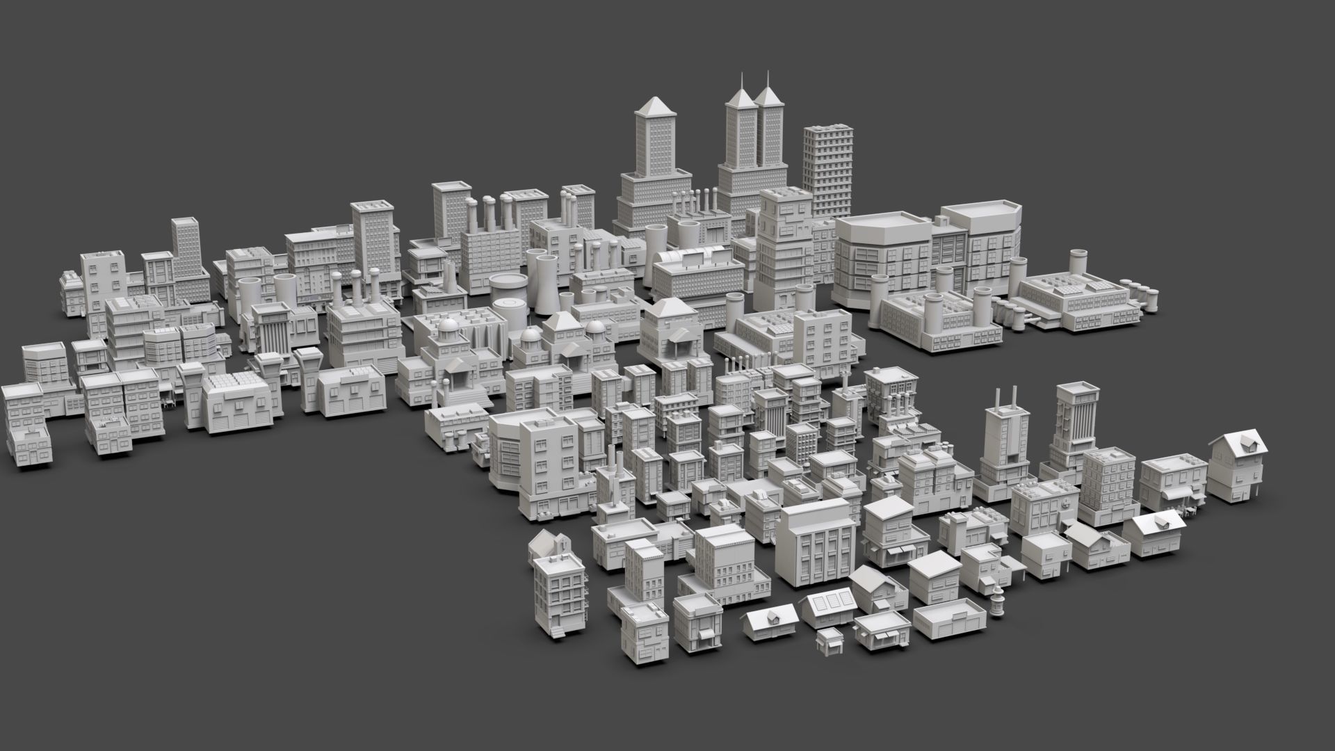 Low Poly City Buildings Pack Of 120 - Game Ready - Untextured  3D model_4