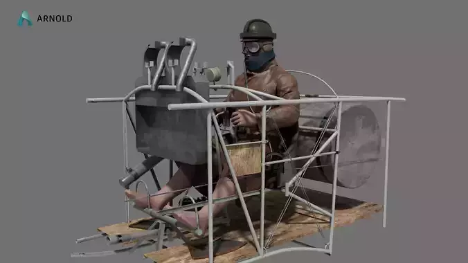 World War 1 aircraft cockpit interior Low-poly 3D model