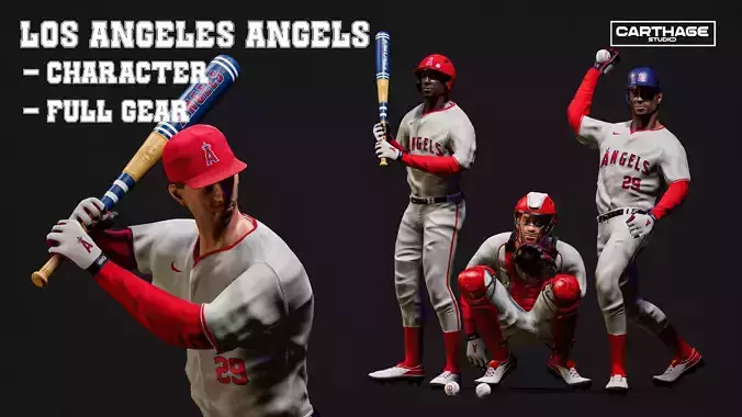 Los Angeles Angels Character And Essential Baseball Equipment Low-poly 3D model