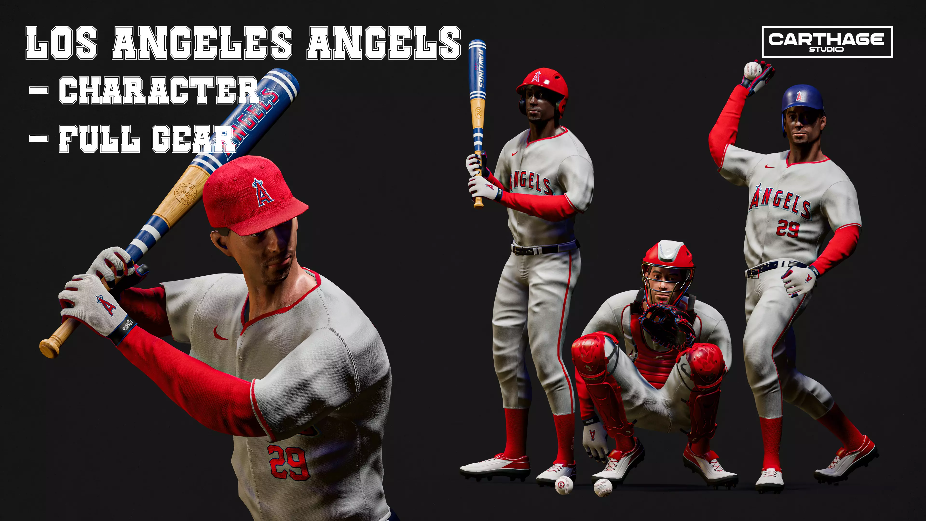 Los Angeles Angels Character And Essential Baseball Equipment Low-poly 3D model_0