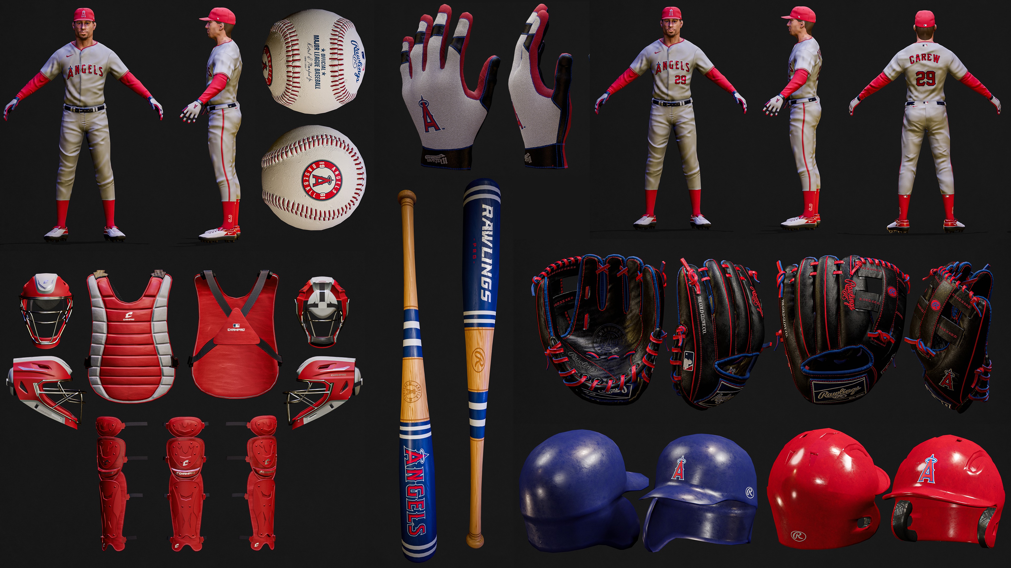Los Angeles Angels Character And Essential Baseball Equipment Low-poly 3D model_2