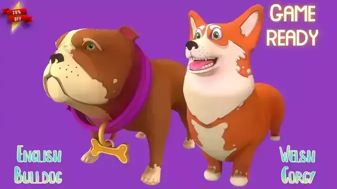 Orange Corgy and Brown Bulldog 3D Model Collection