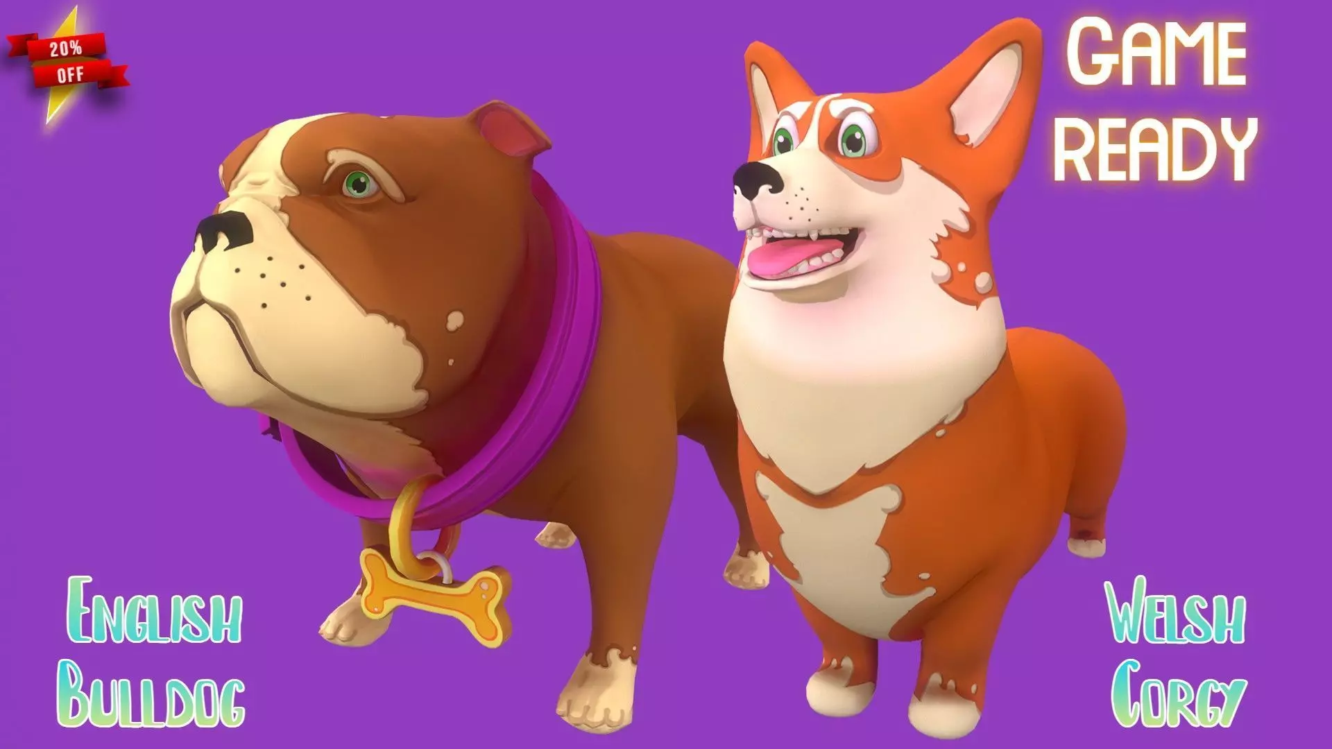 Orange Corgy and Brown Bulldog 3D Model Collection_0