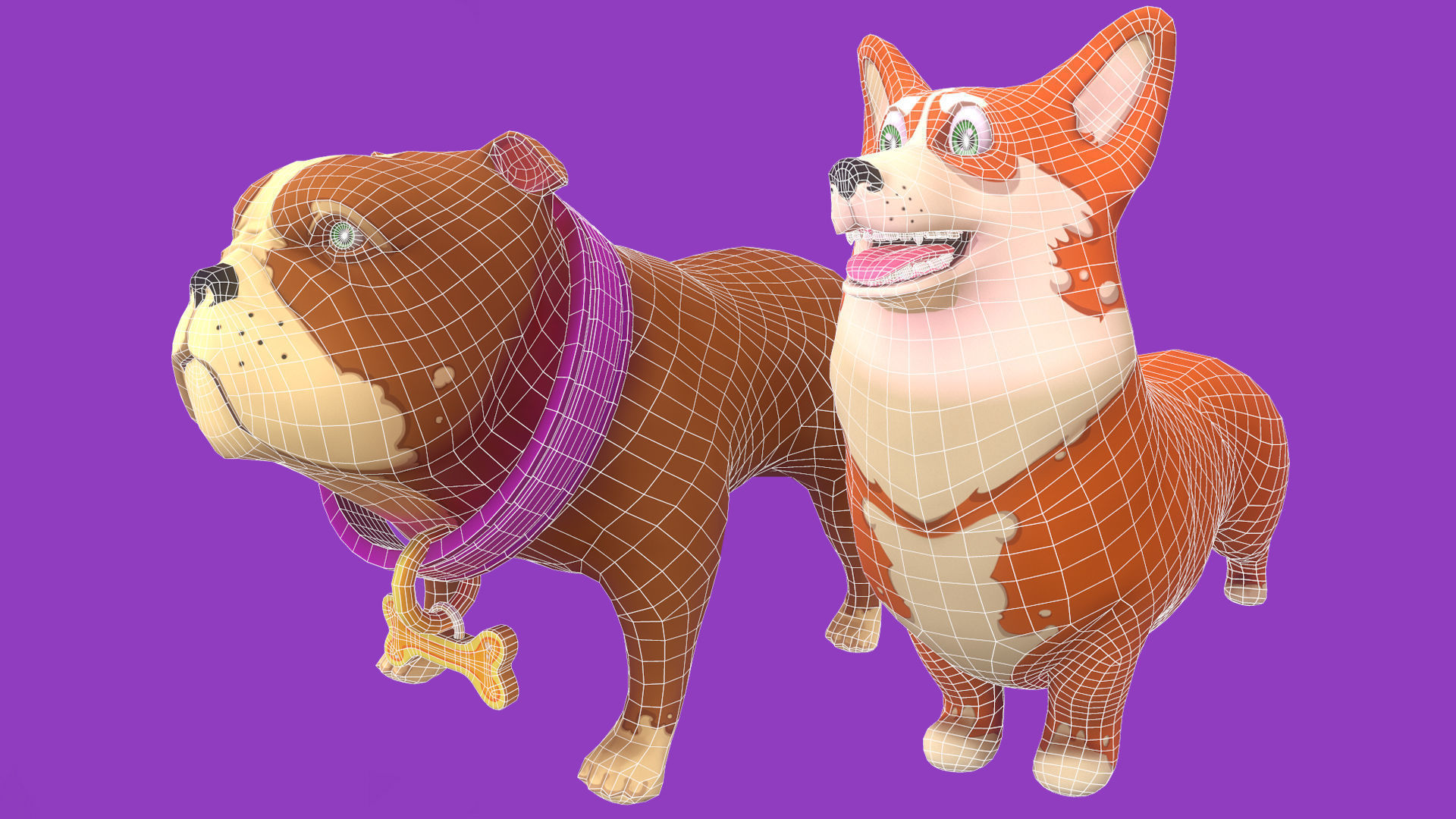 Orange Corgy and Brown Bulldog 3D Model Collection_9