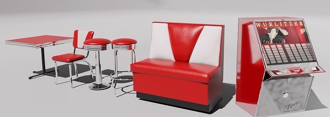 6pc Vintage Diner Set with Jukebox 3D model