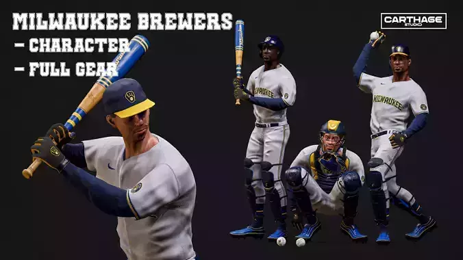 Milwaukee Brewers Character And Essential Baseball Equipment Low-poly 3D model