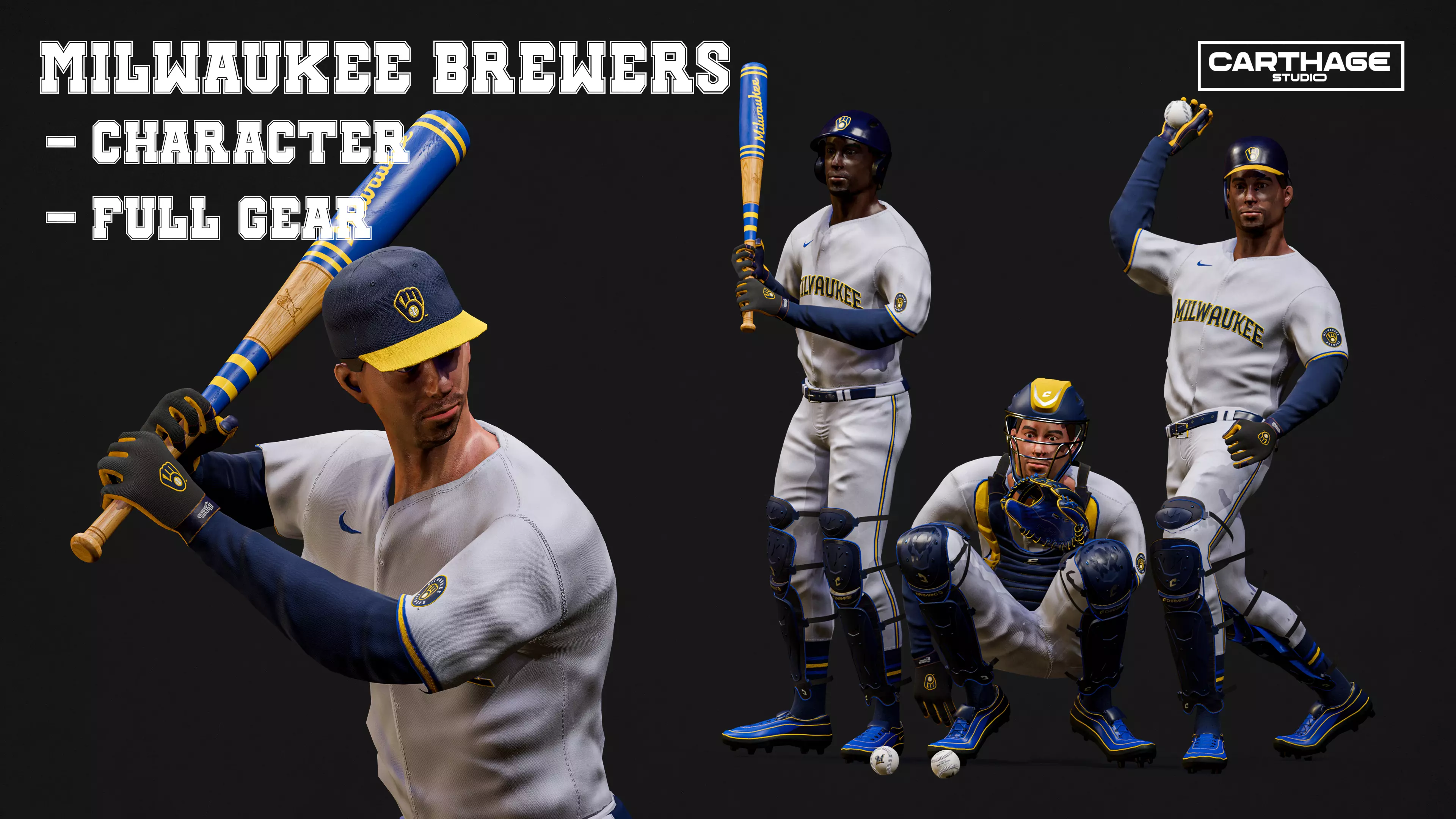 Milwaukee Brewers Character And Essential Baseball Equipment Low-poly 3D model_0