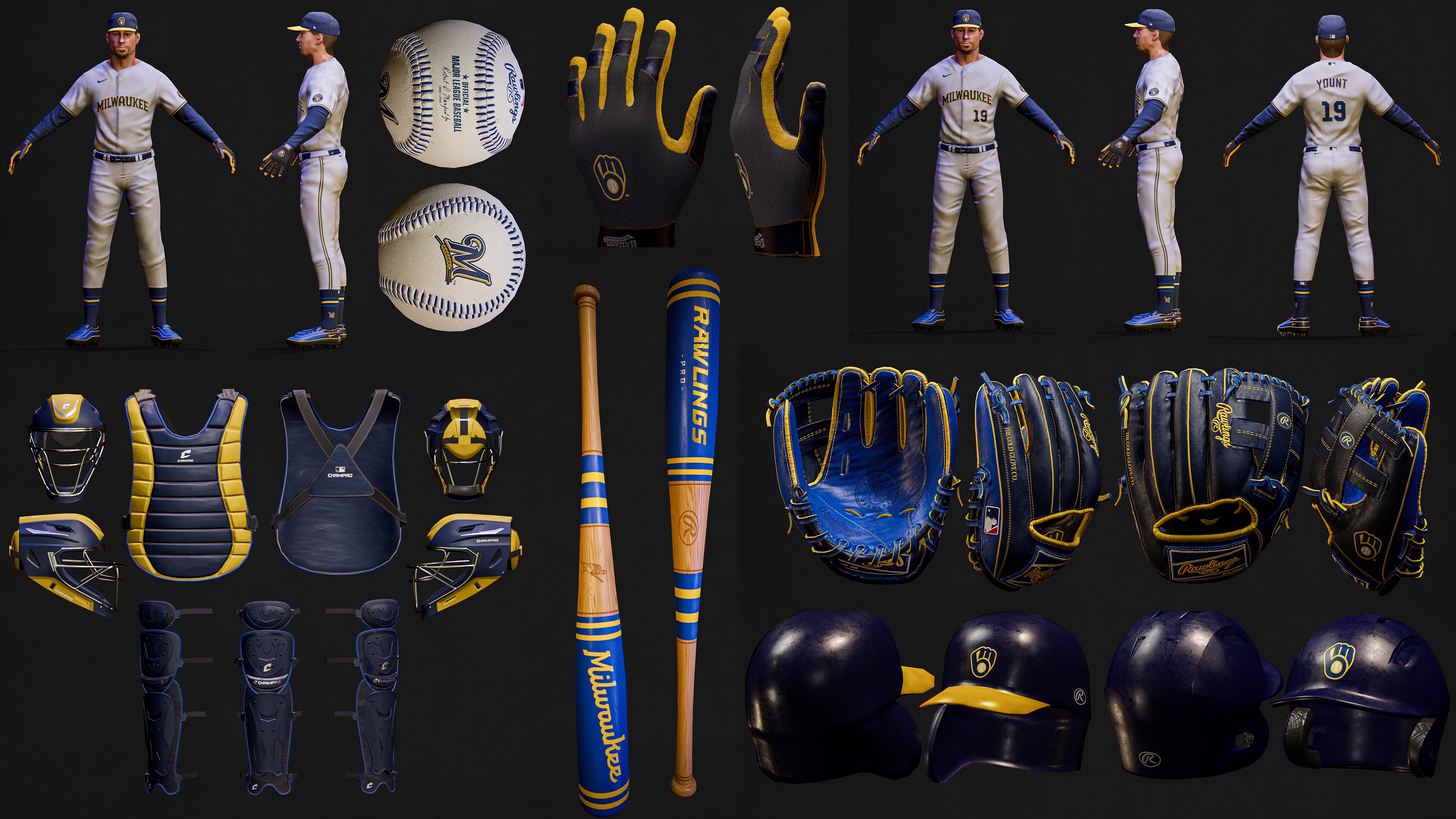 Milwaukee Brewers Character And Essential Baseball Equipment Low-poly 3D model_2