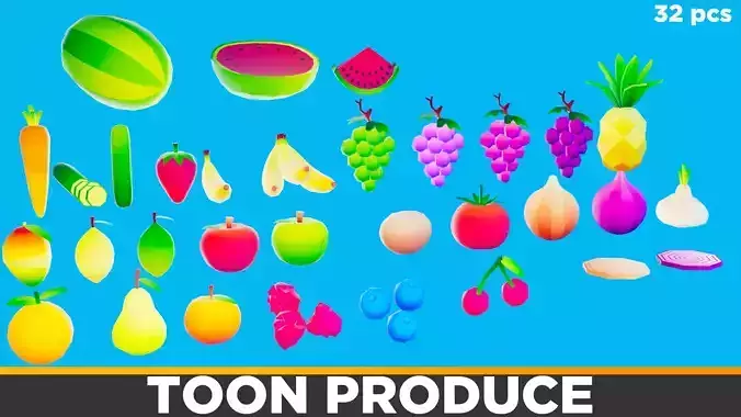 Low Poly Cartoony Fruit Produce Pack 32 Pieces