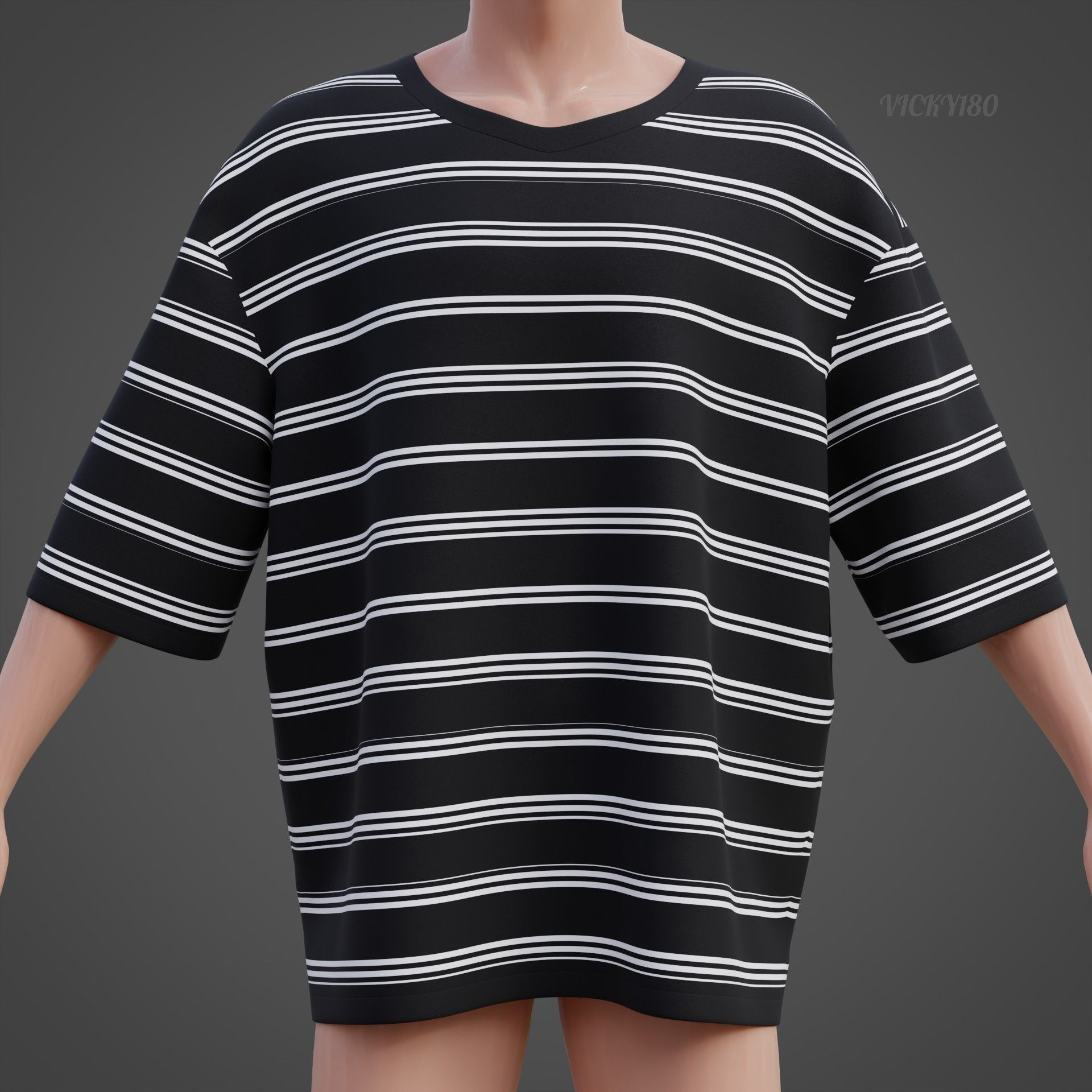 Men Stripes Short Sleeve T Shirt Grunge Harajuku Oversized Tee Low-poly 3D model_11