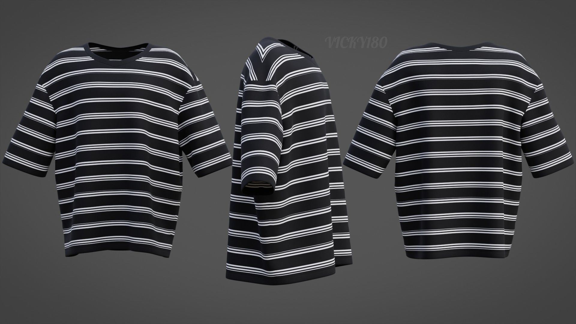 Men Stripes Short Sleeve T Shirt Grunge Harajuku Oversized Tee Low-poly 3D model_4