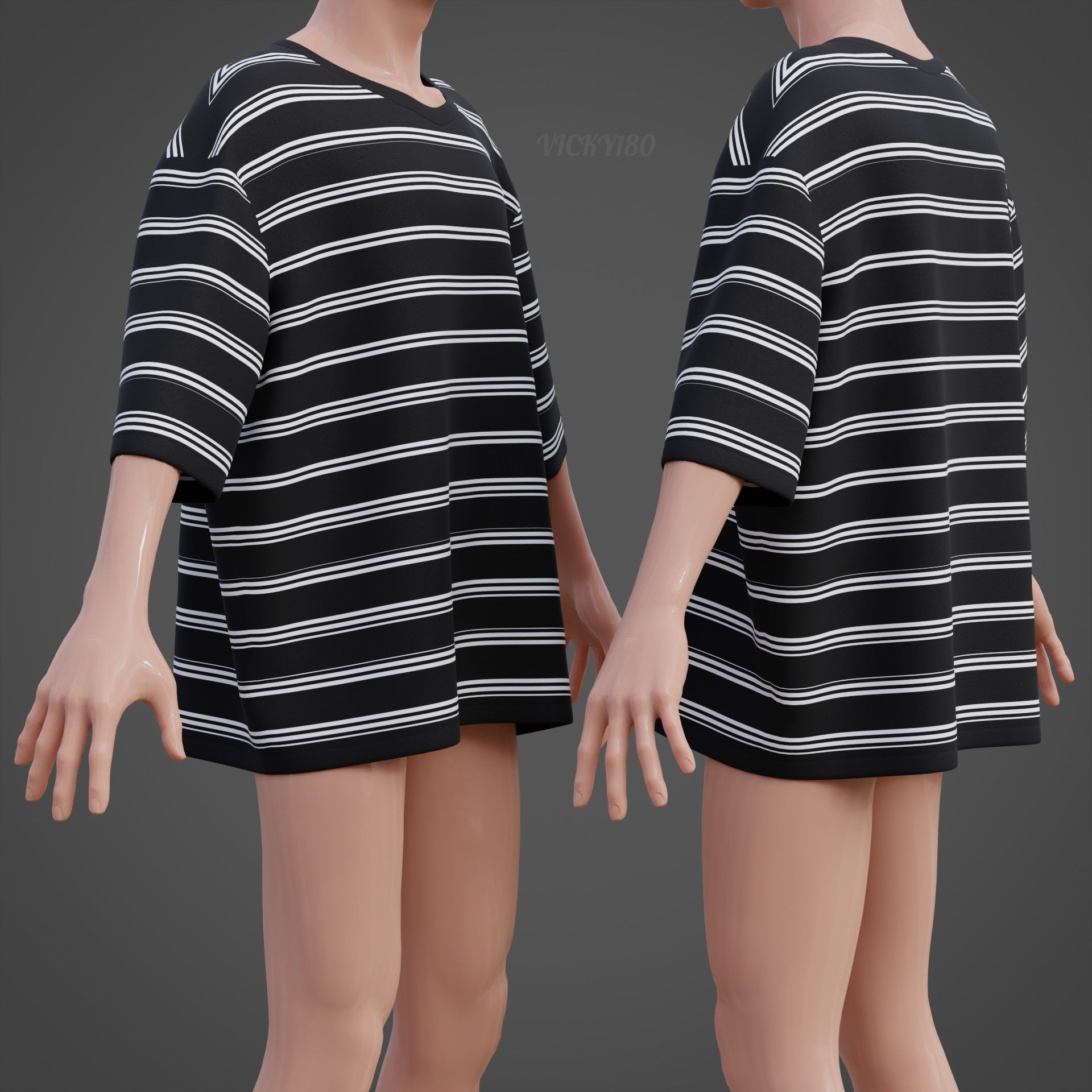 Men Stripes Short Sleeve T Shirt Grunge Harajuku Oversized Tee Low-poly 3D model_19