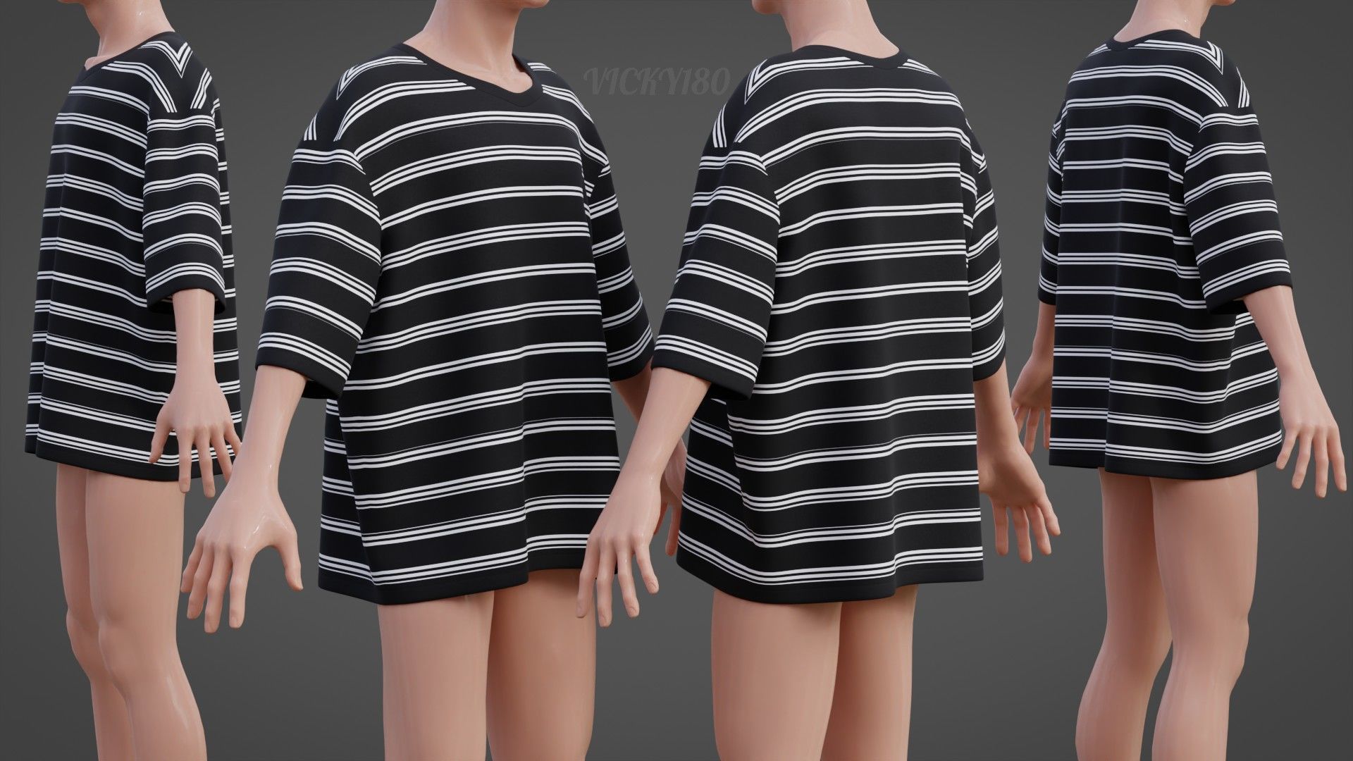 Men Stripes Short Sleeve T Shirt Grunge Harajuku Oversized Tee Low-poly 3D model_5