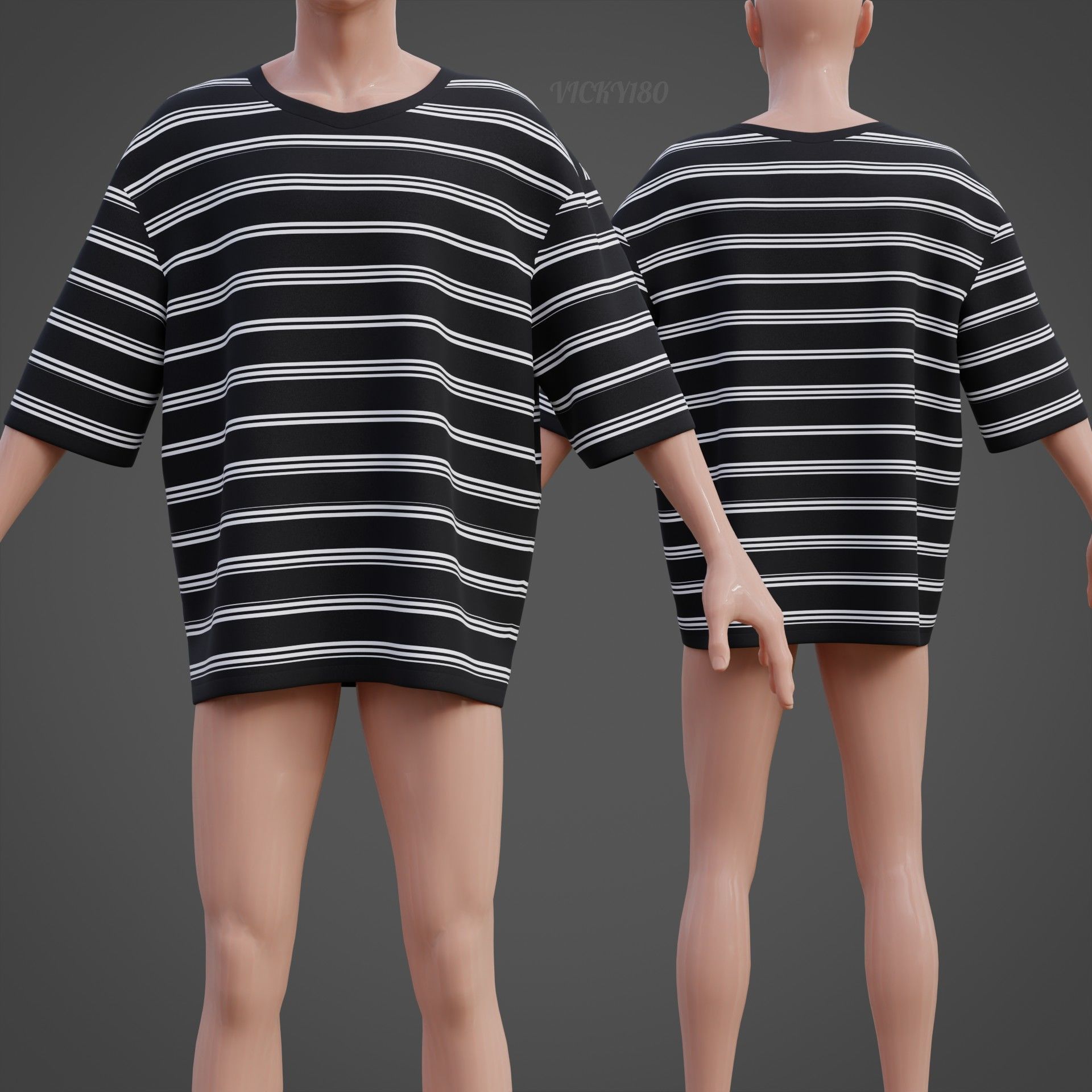 Men Stripes Short Sleeve T Shirt Grunge Harajuku Oversized Tee Low-poly 3D model_32