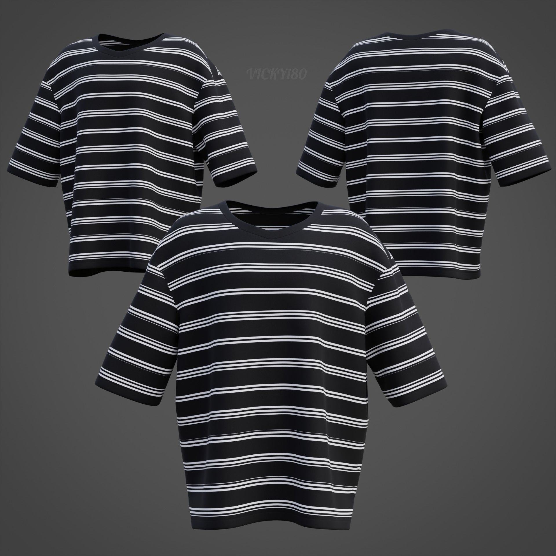 Men Stripes Short Sleeve T Shirt Grunge Harajuku Oversized Tee Low-poly 3D model_6