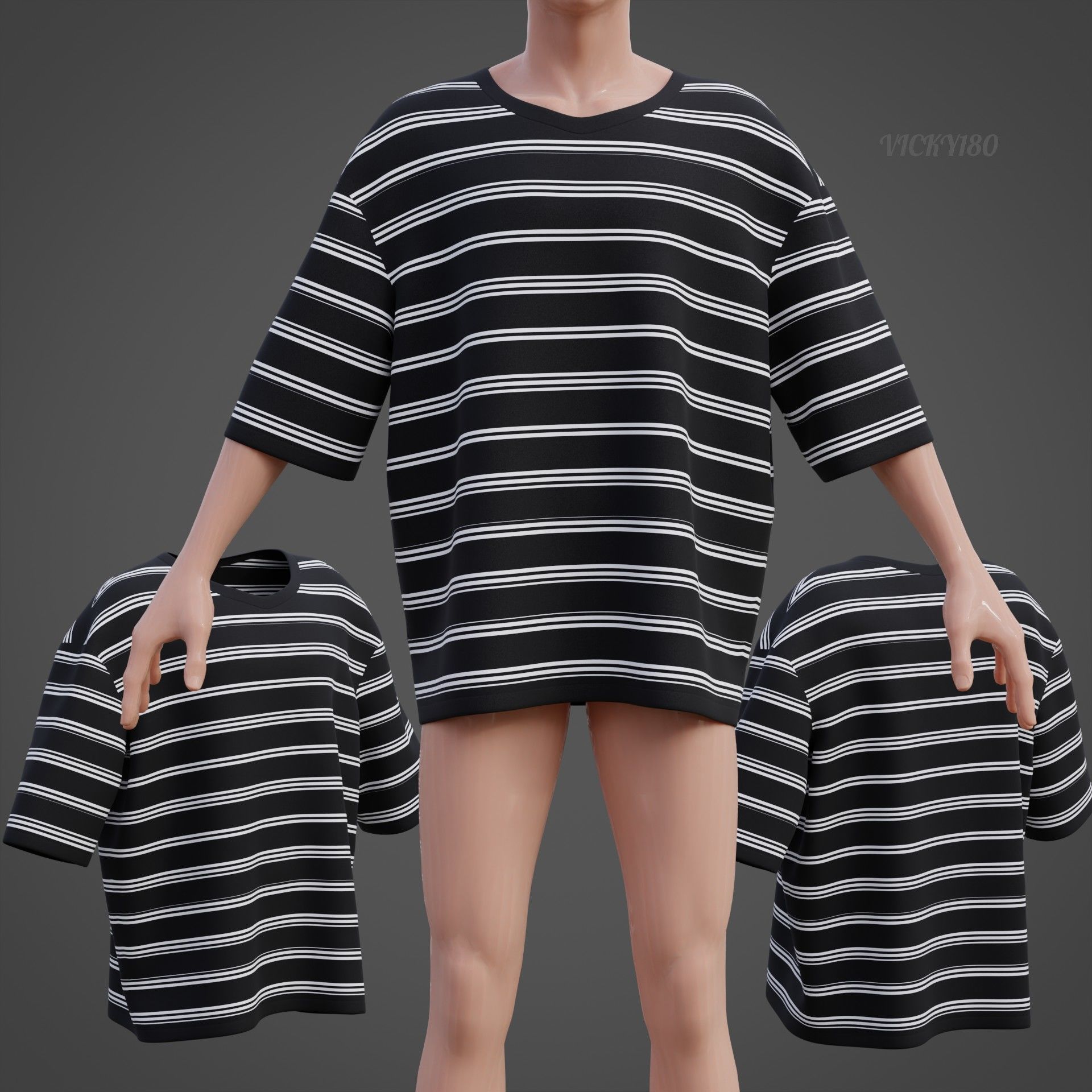 Men Stripes Short Sleeve T Shirt Grunge Harajuku Oversized Tee Low-poly 3D model_22