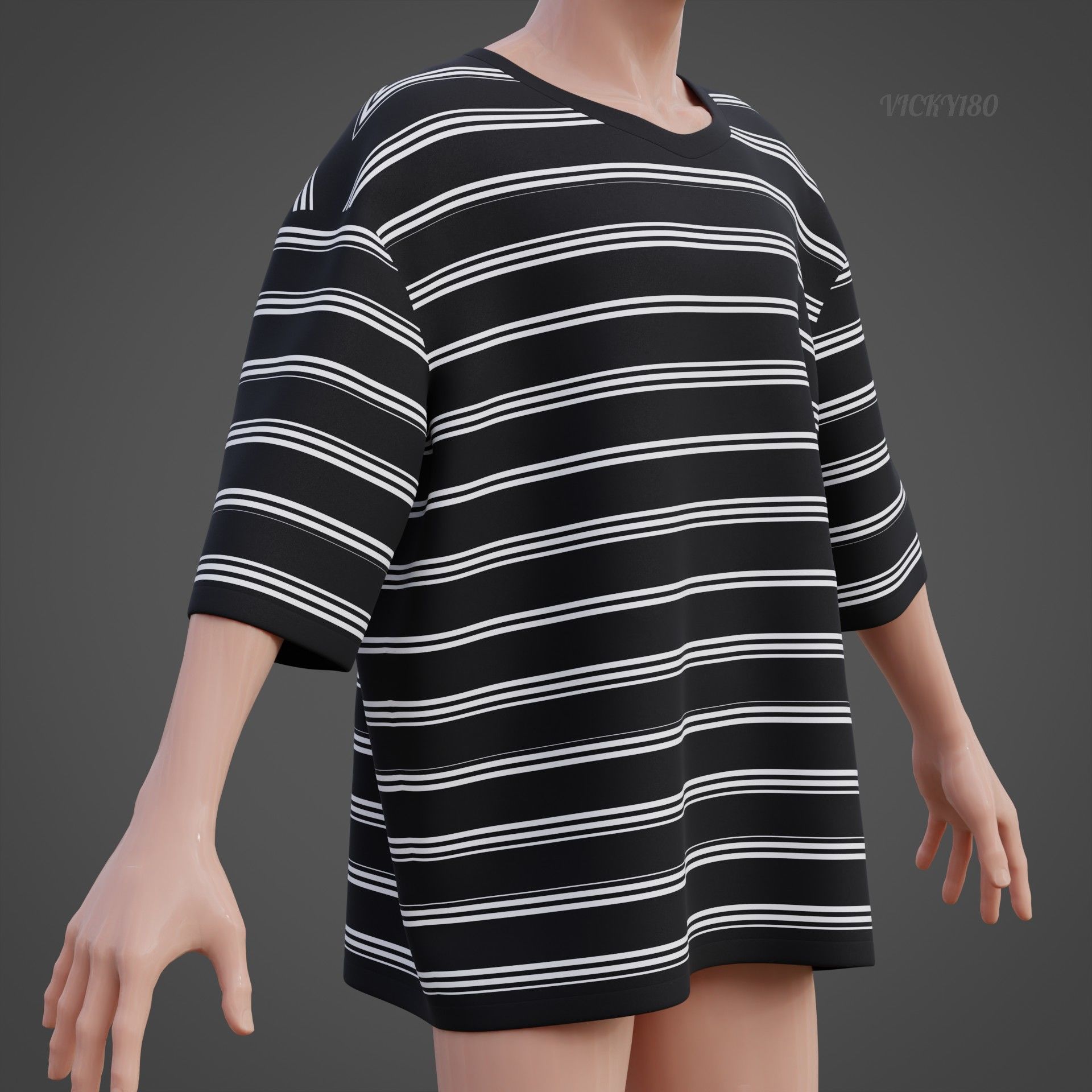 Men Stripes Short Sleeve T Shirt Grunge Harajuku Oversized Tee Low-poly 3D model_13