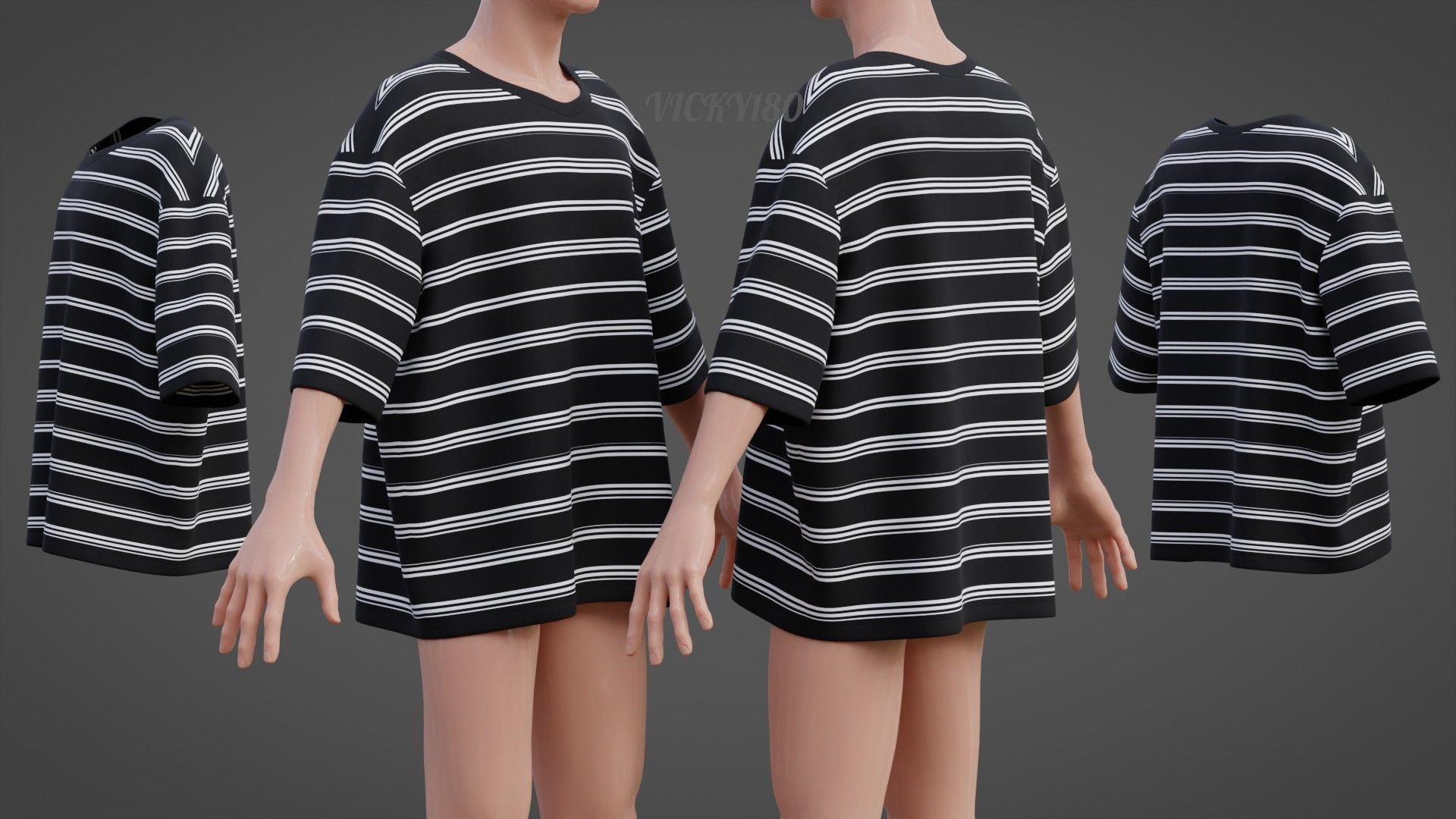 Men Stripes Short Sleeve T Shirt Grunge Harajuku Oversized Tee Low-poly 3D model_33