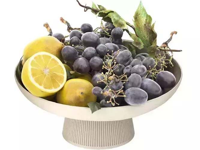 Bowl of lemons and black grapes fruit