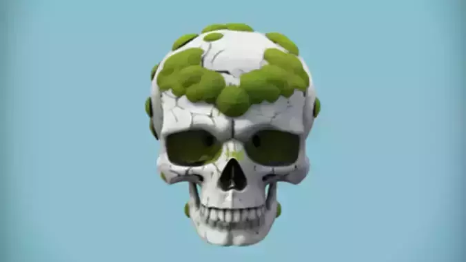 Moss-covered human skull  3D Game Ready Model
