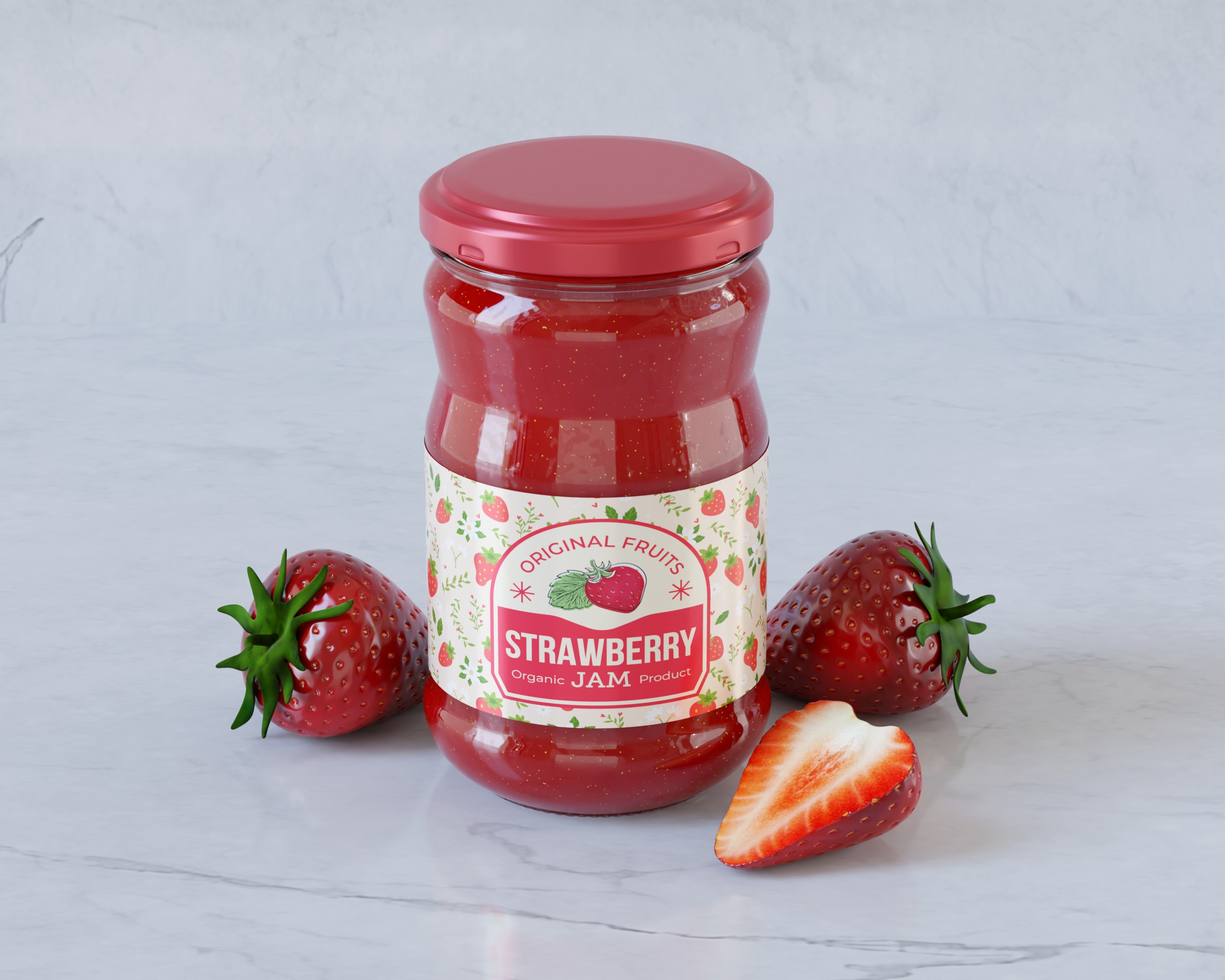Jam Paste Jar with strawberry 3D model_1