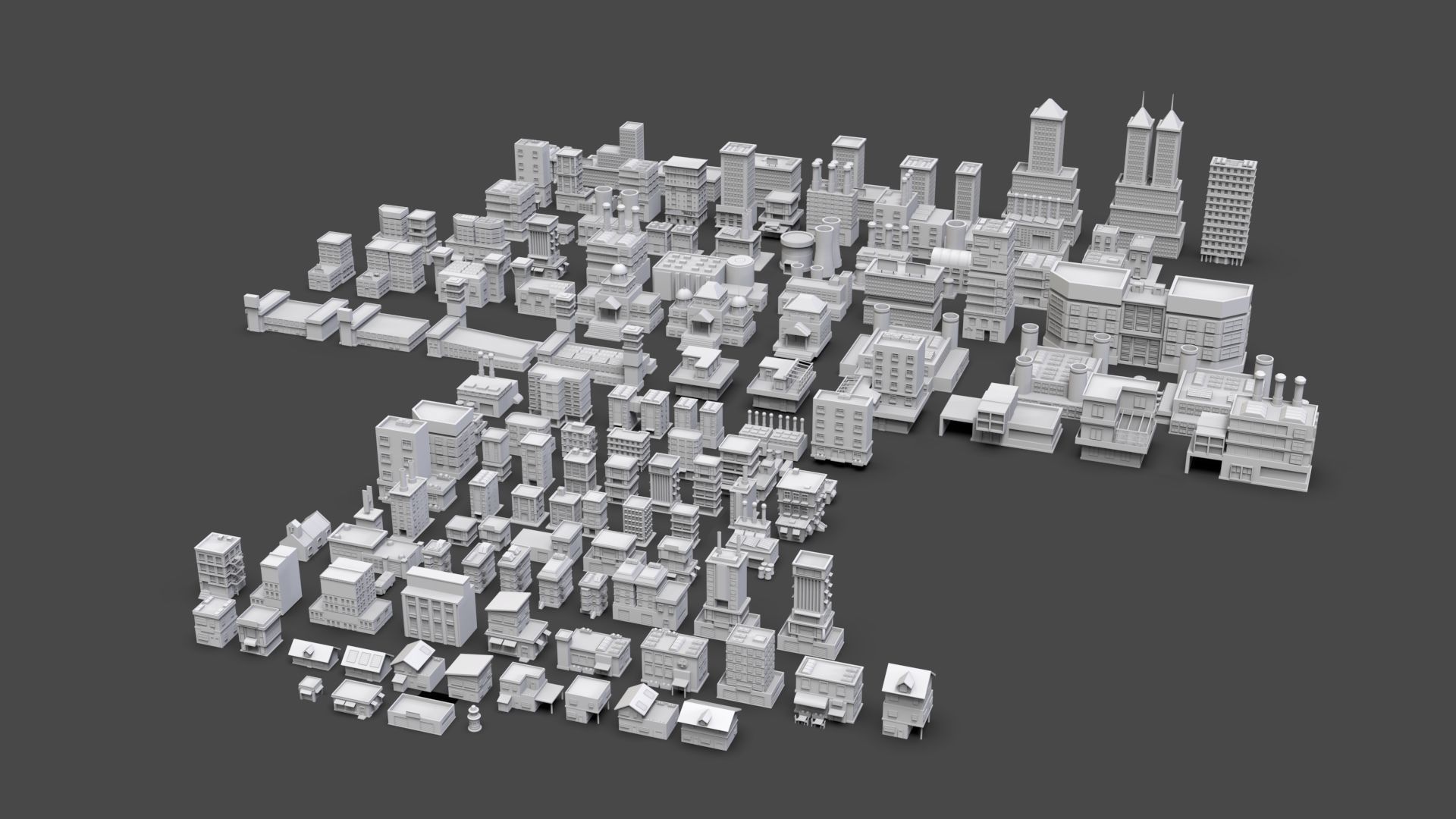 Low Poly City Buildings Pack Of 130 - Game Ready - Untextured  Low-poly 3D model_7