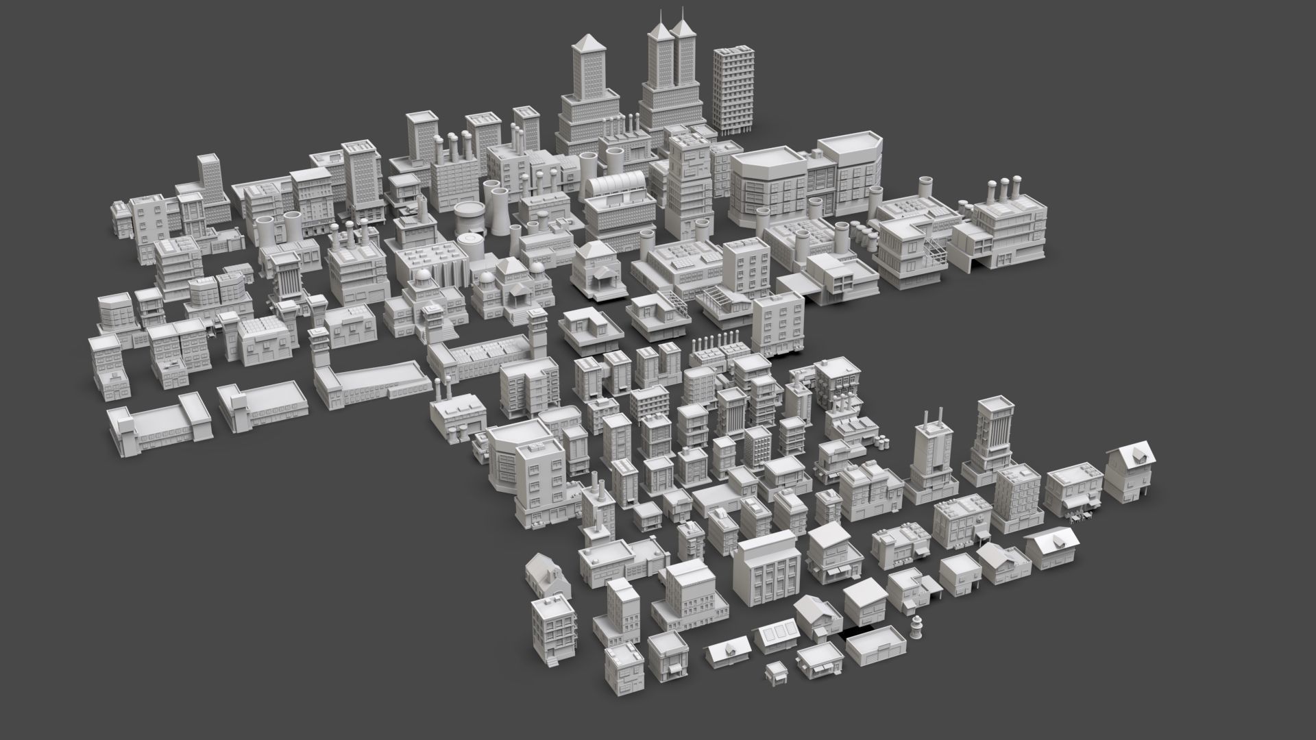Low Poly City Buildings Pack Of 130 - Game Ready - Untextured  Low-poly 3D model_5