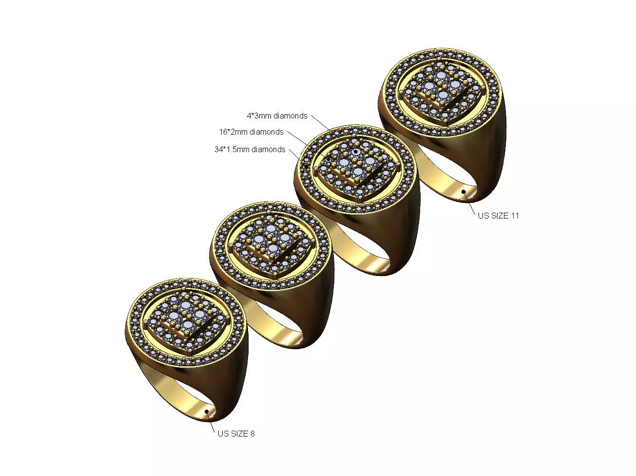 Top square cluster and halo diamond round signet Us sizes 8to11 3D print model_0