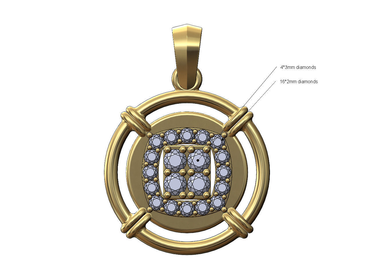 Diamond square cluster linked wire halo coin pendant with bail 3D print model_1