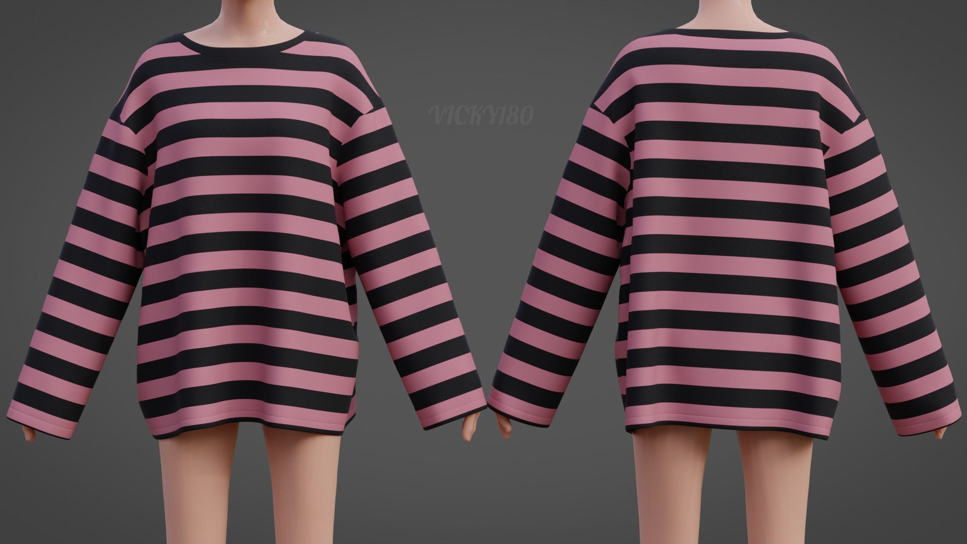 Women Harajuku Stripes Long Sleeves Shirt Grunge Y2K Sweatshirt Low-poly 3D model_3