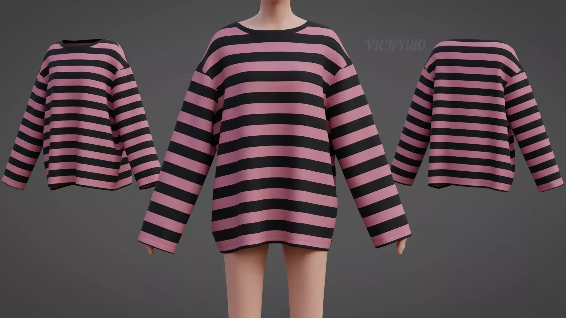 Women Harajuku Stripes Long Sleeves Shirt Grunge Y2K Sweatshirt Low-poly 3D model_0